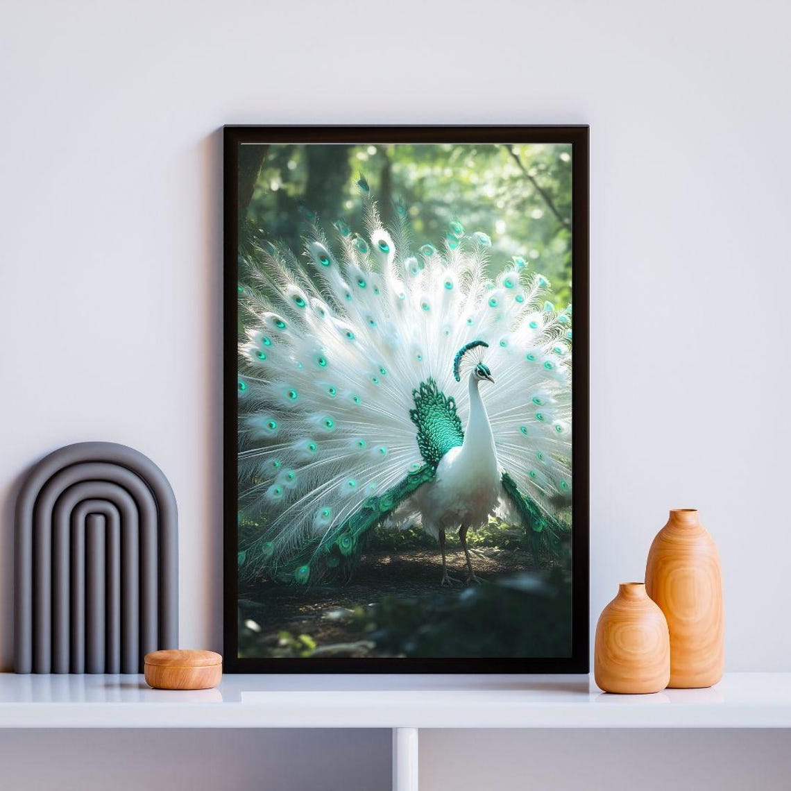 Majestic White Peacock Full Tail Green Forest Bird Art Poster - Image 2