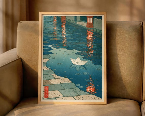 Japanese Paper Boat Poster Rainy Street Print Living Room Decor Hasui Kawase Inspired Hiroaki Takahashi Style Shinhanga Wall Art