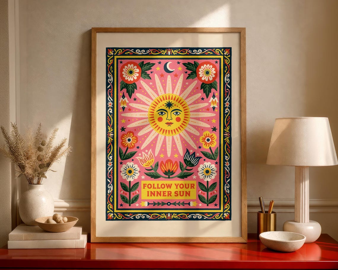 Follow Your Inner Sun Celestial Face Pink Folk Art Boho Poster