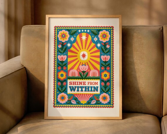 Shine From Within Sun Quote Retro Folk Floral Inspirational Poster