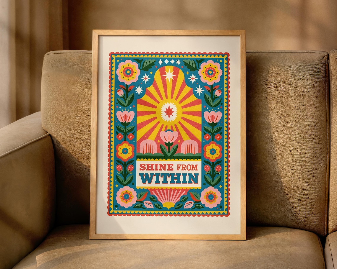 Shine From Within Sun Quote Retro Folk Floral Inspirational Poster