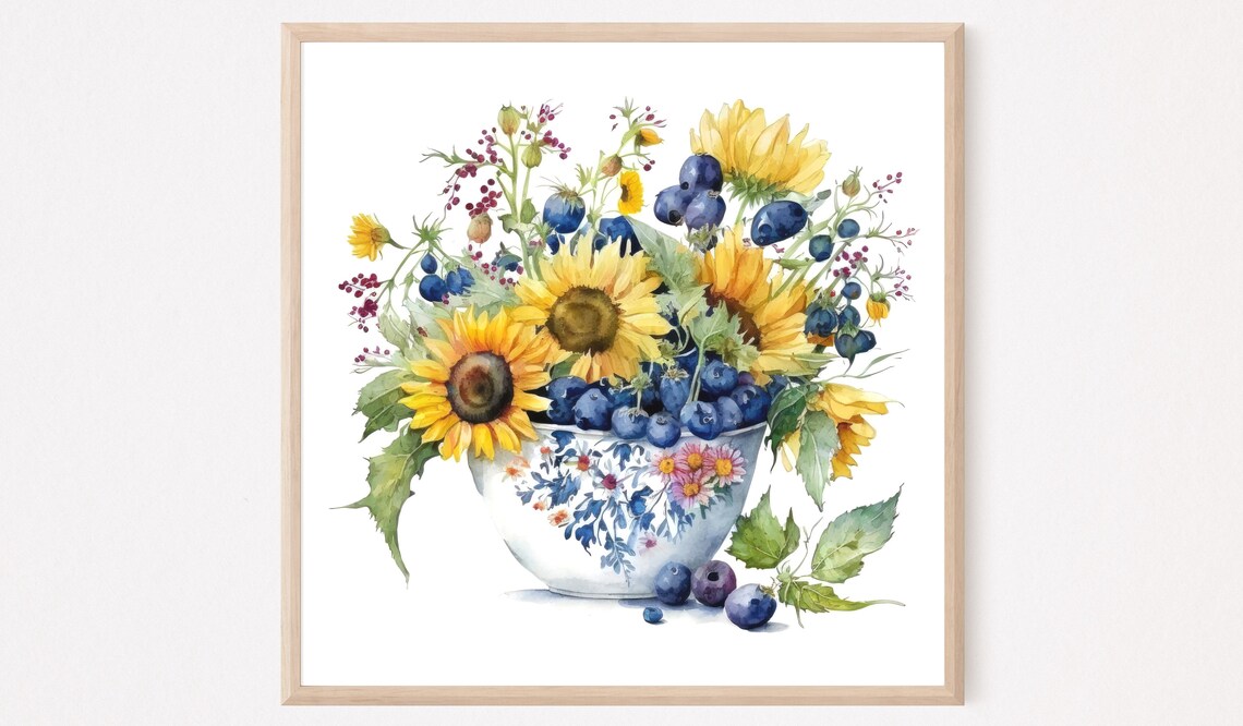 Sunflowers Blueberries Floral Bouquet Watercolor Kitchen Wall Art