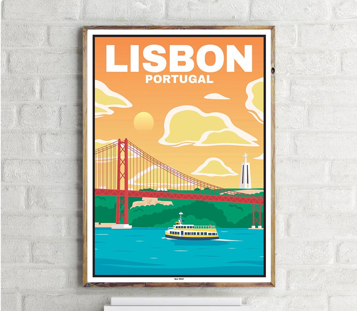 Ponte 25 De Abril Lisbon Vintage Travel Poster