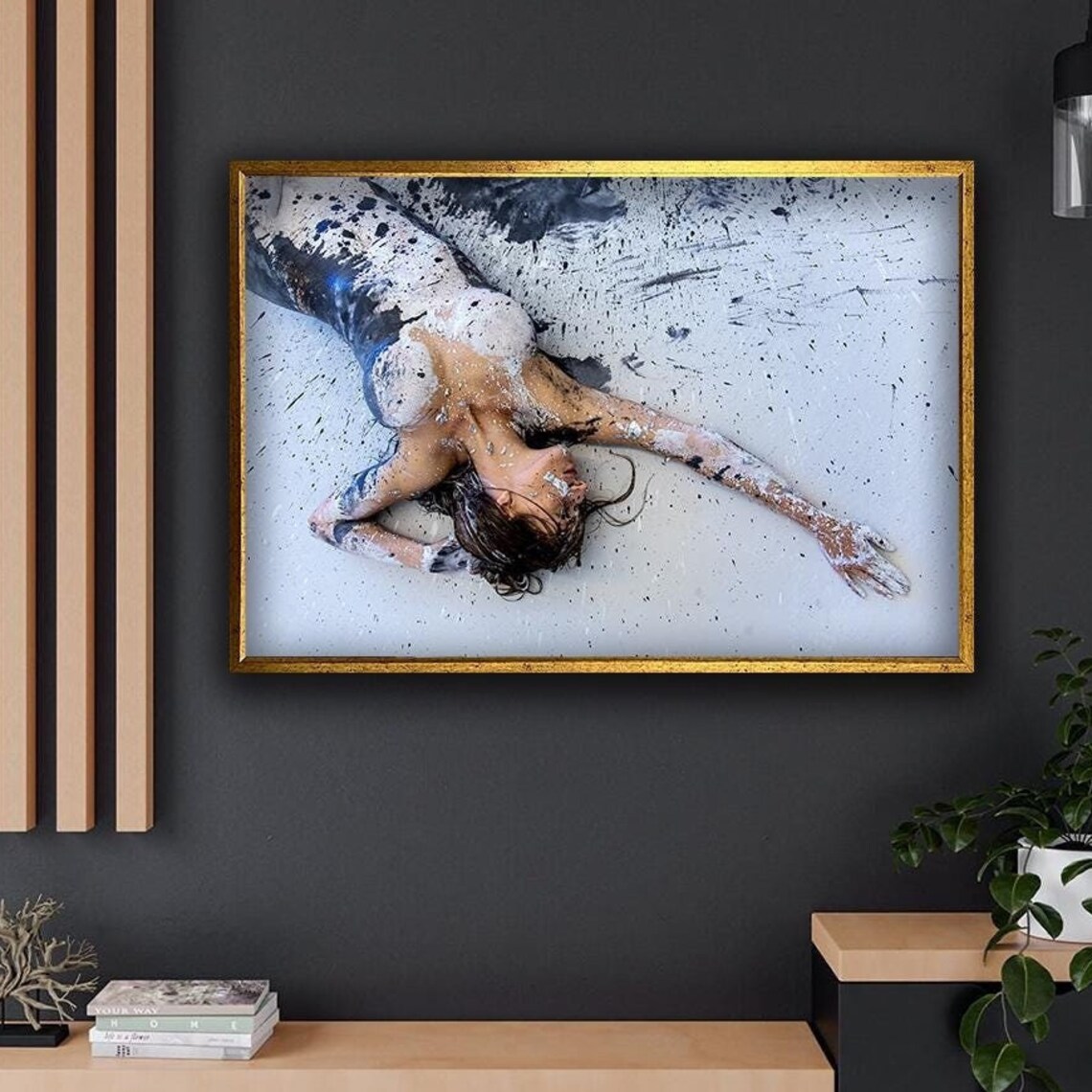 Woman Lying In Paint Splatters Overhead Artistic Body Paint Photo Poster