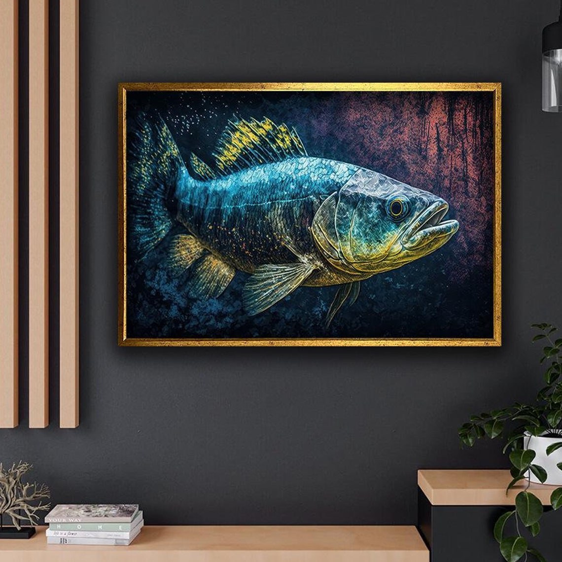 Teal Game Fish Painting Gold Fin Underwater Sea Life Wall Art Print