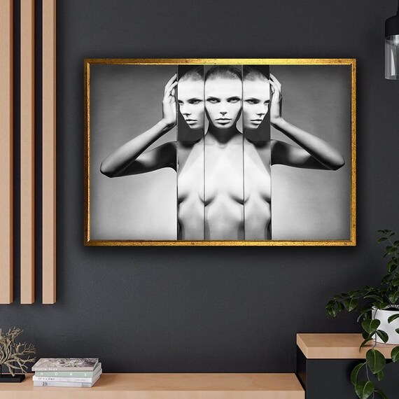 Black and White Nude Portrait Triple Mirror Effect Art Print