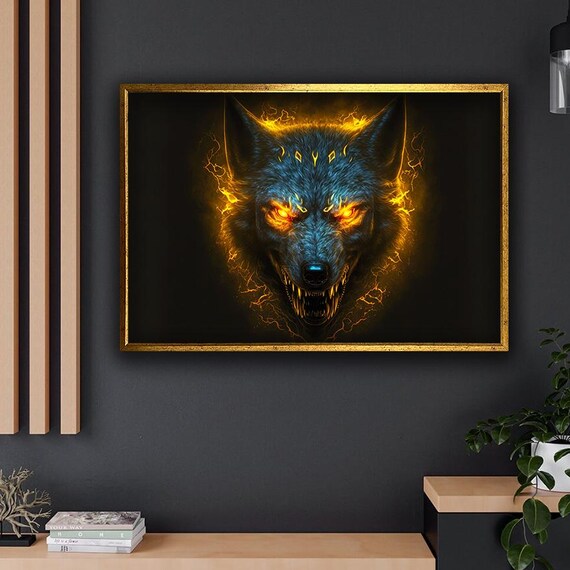Fierce Wolf Fire Eyes Dark Fantasy Predator Spirit Animal Wall Art Poster