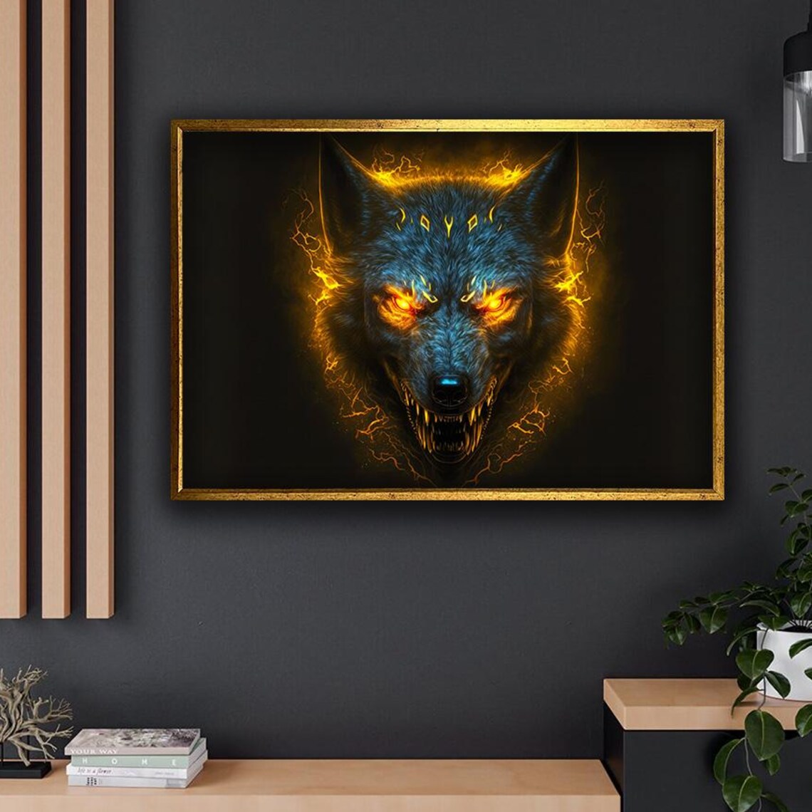 Fierce Wolf Fire Eyes Dark Fantasy Predator Spirit Animal Wall Art Poster