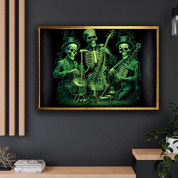 Three Green Skeletons Playing Jazz Instruments Spooky Night Poster
