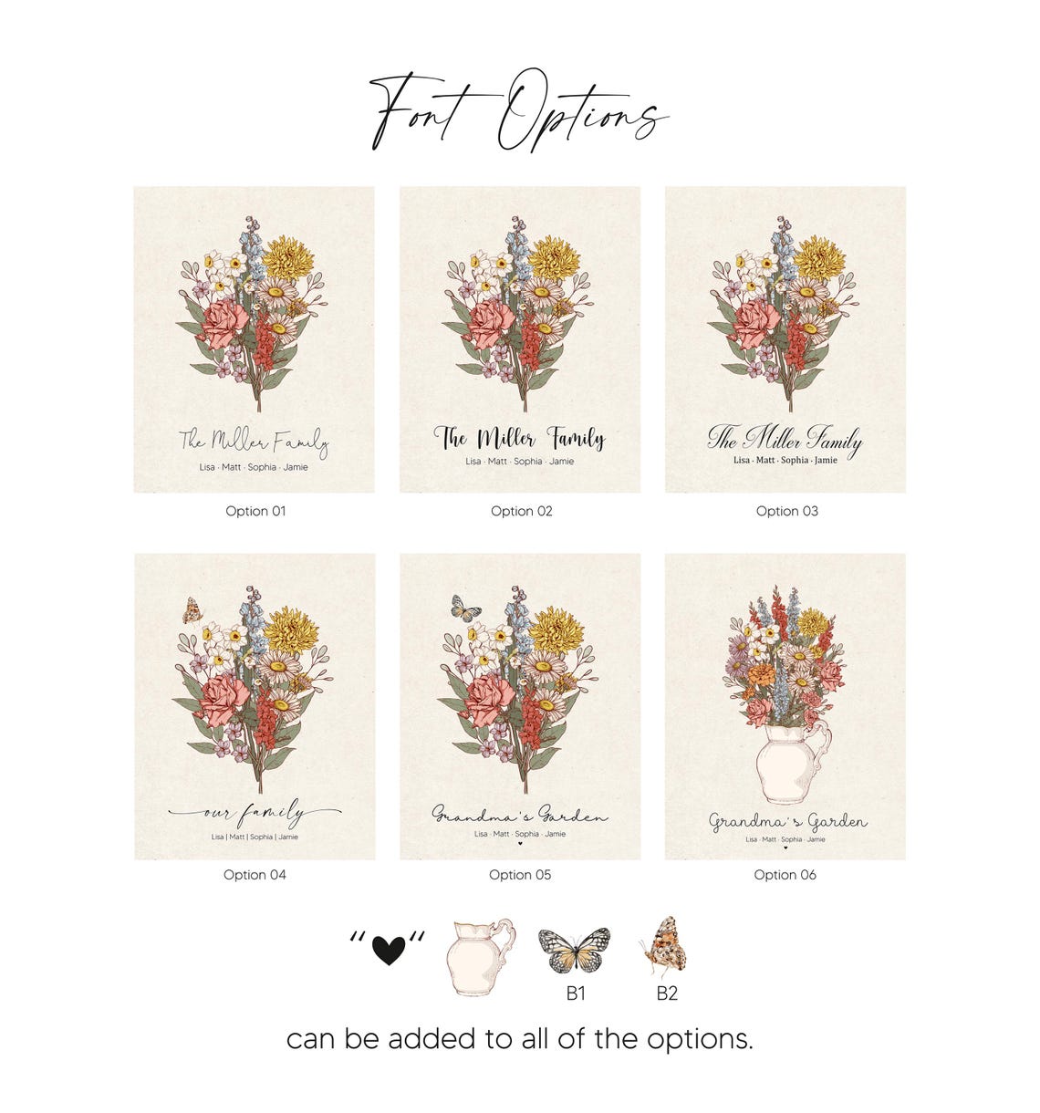 Birth Flowers Family Bouquet Art Print, Personalized