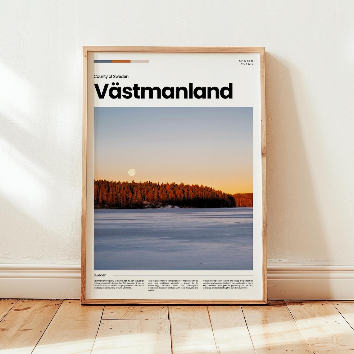 Västmanland Sweden Moonrise Over Still Lake Forest Travel Poster