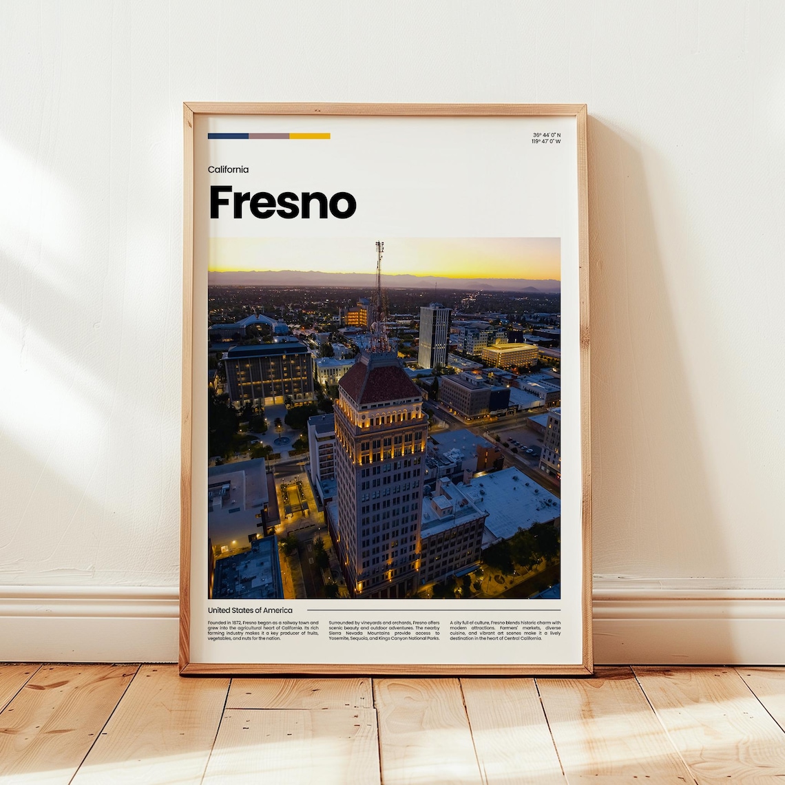 Fresno California Downtown Dusk Aerial Cityscape Minimalist Travel Poster