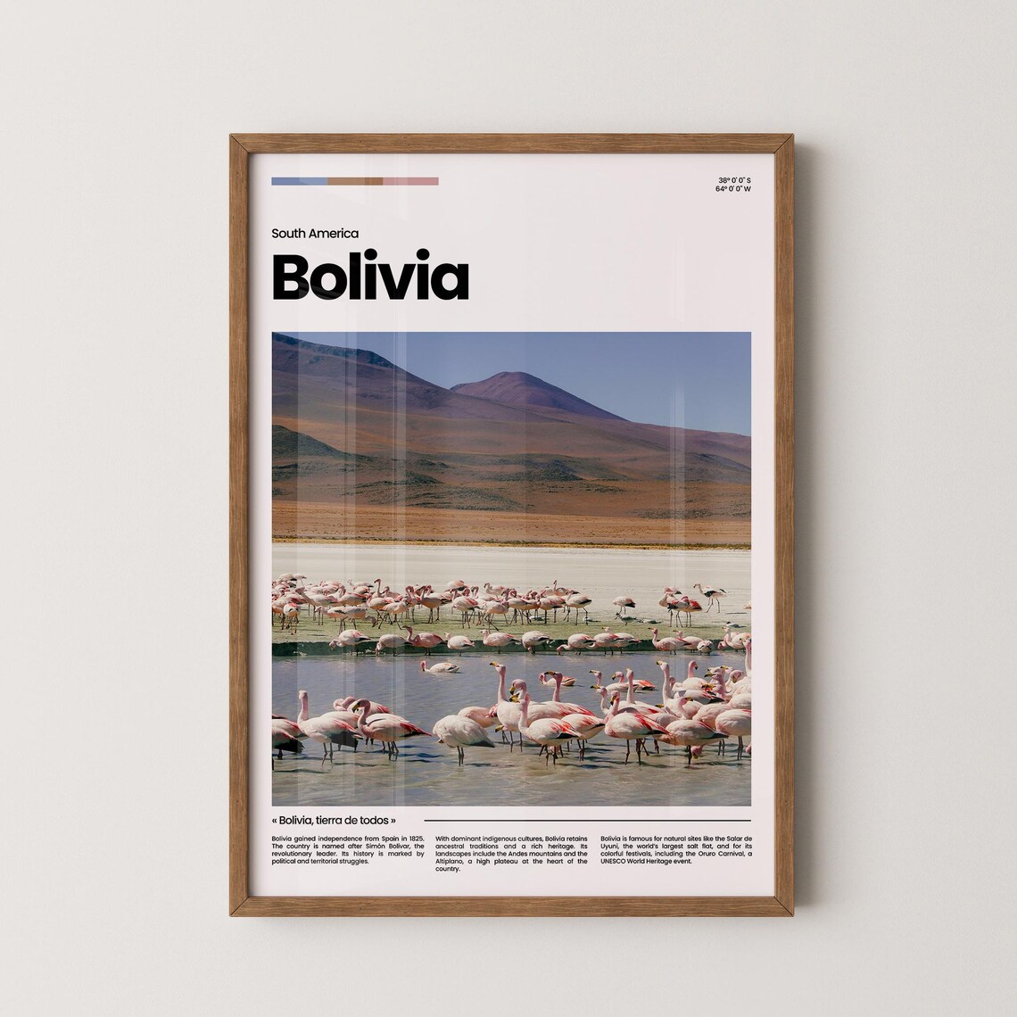 Bolivia Andean Lagoon Pink Flamingos Mountain Backdrop Scenic Poster