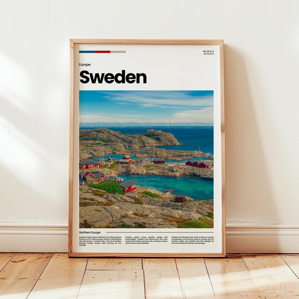 Sweden Bright Nordic Coastal Red Cabins Archipelago Travel Poster