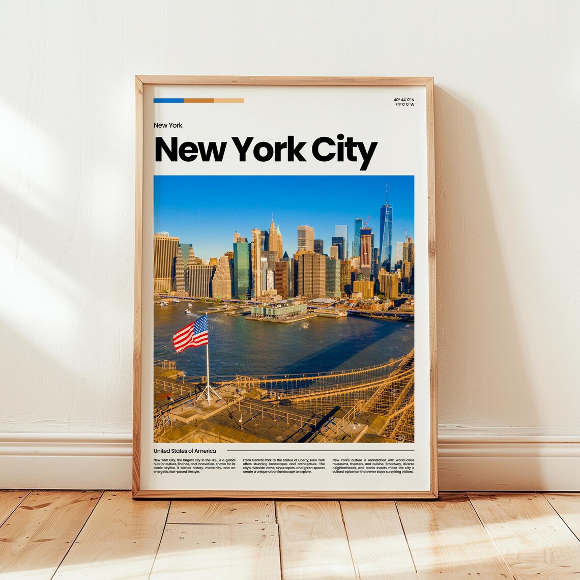 New York City Skyline Brooklyn Bridge American Flag Travel Poster