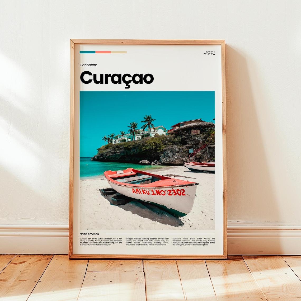 Curacao Caribbean Tropical Beach Fishing Boat Modern Travel Poster