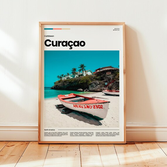 Curacao Caribbean Tropical Beach Fishing Boat Modern Travel Poster