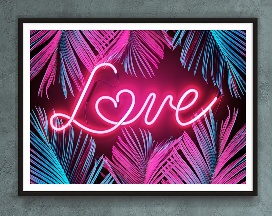 Tropical Love Neon Typography Botanical Art Print