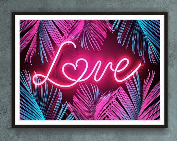 Tropical Love Neon Typography Botanical Art Print