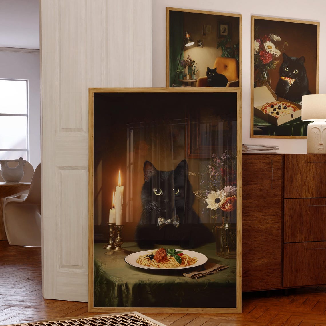 Black Cat Spaghetti Dinner Candlelit Bow Tie Funny Cat Wall Poster