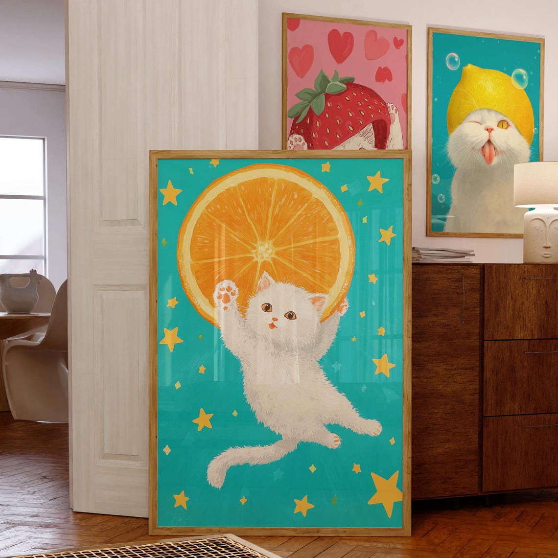 Kawaii White Cat With Orange Slice Wall Print Whimsical Art Colorful Cute Kitten Starry Sky
