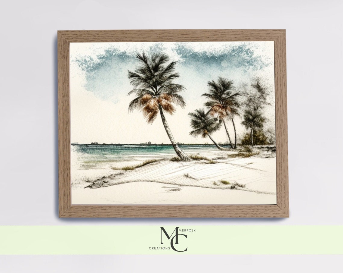 Palm Trees on a Tropical Beach Watercolor Coastal Landscape Poster