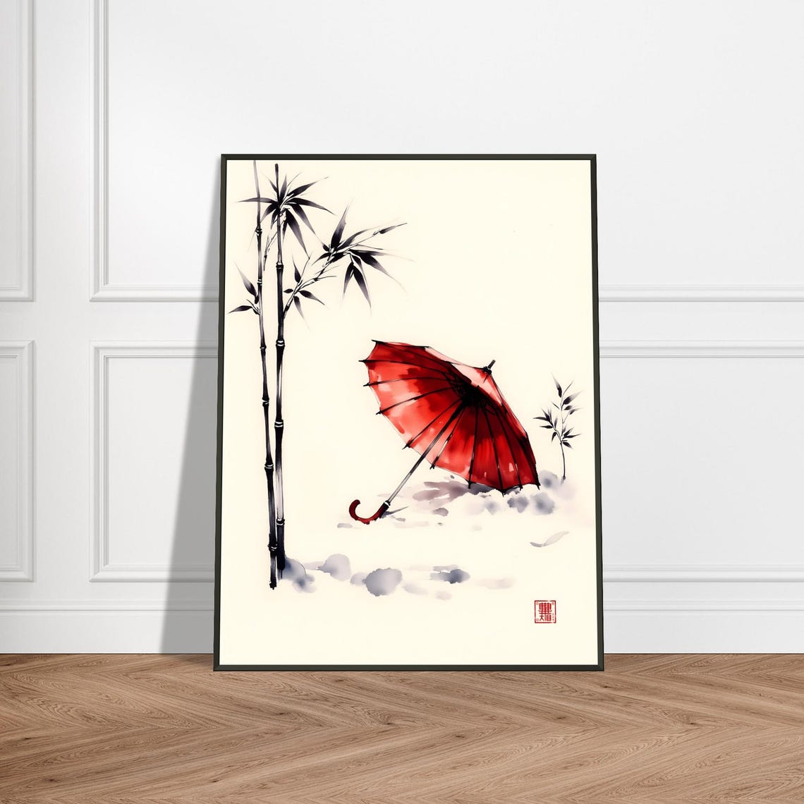 Red Umbrella and Bamboo Minimalist Japanese Ink Zen Art Poster