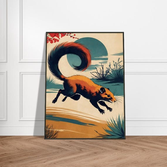 Leaping Ringtailed Lemur In Japanese Sunset Ukiyoe Style Wildlife Art Vibrant Nature Illustration Dynamic Animal Wall Decor