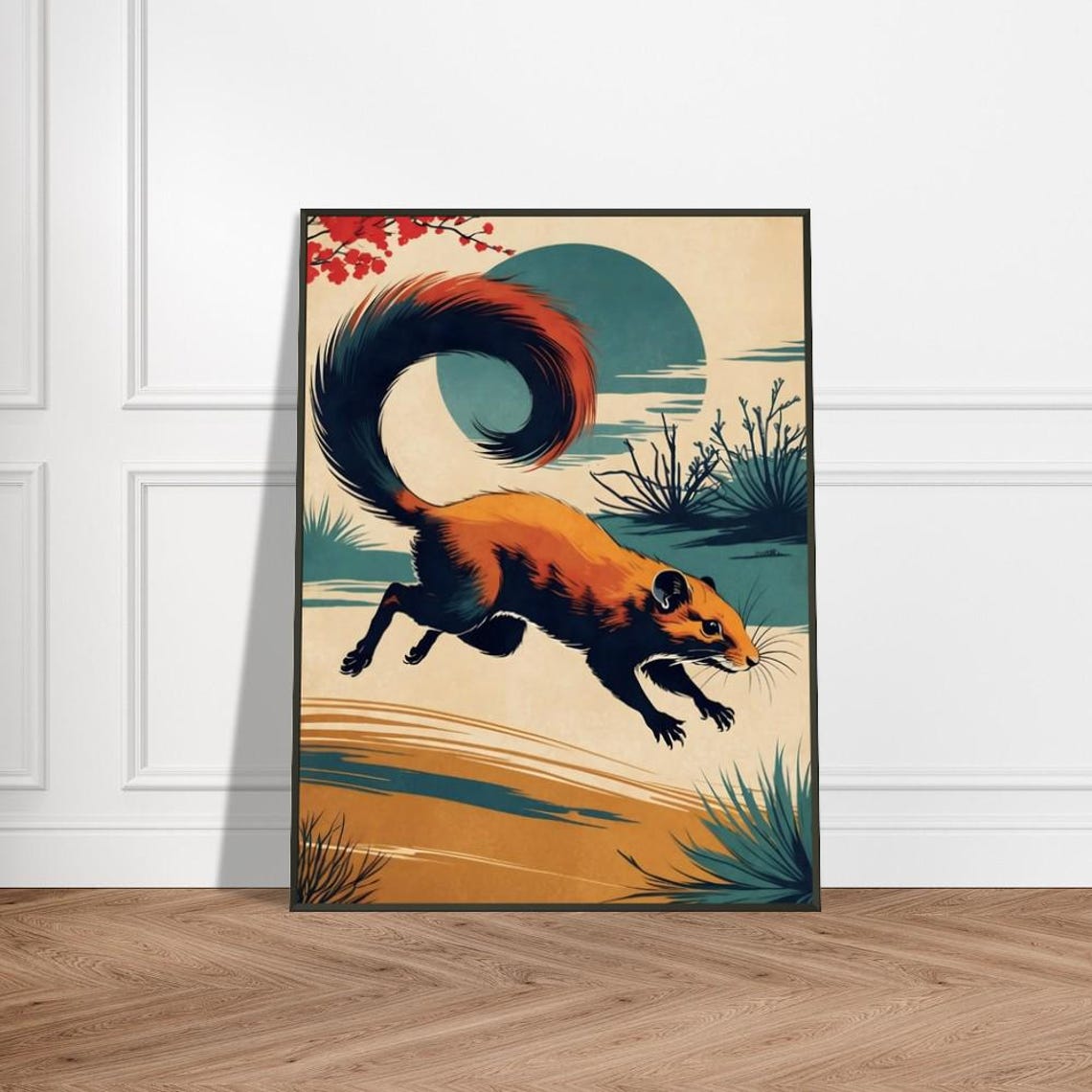 Leaping Ringtailed Lemur In Japanese Sunset Ukiyoe Style Wildlife Art Vibrant Nature Illustration Dynamic Animal Wall Decor