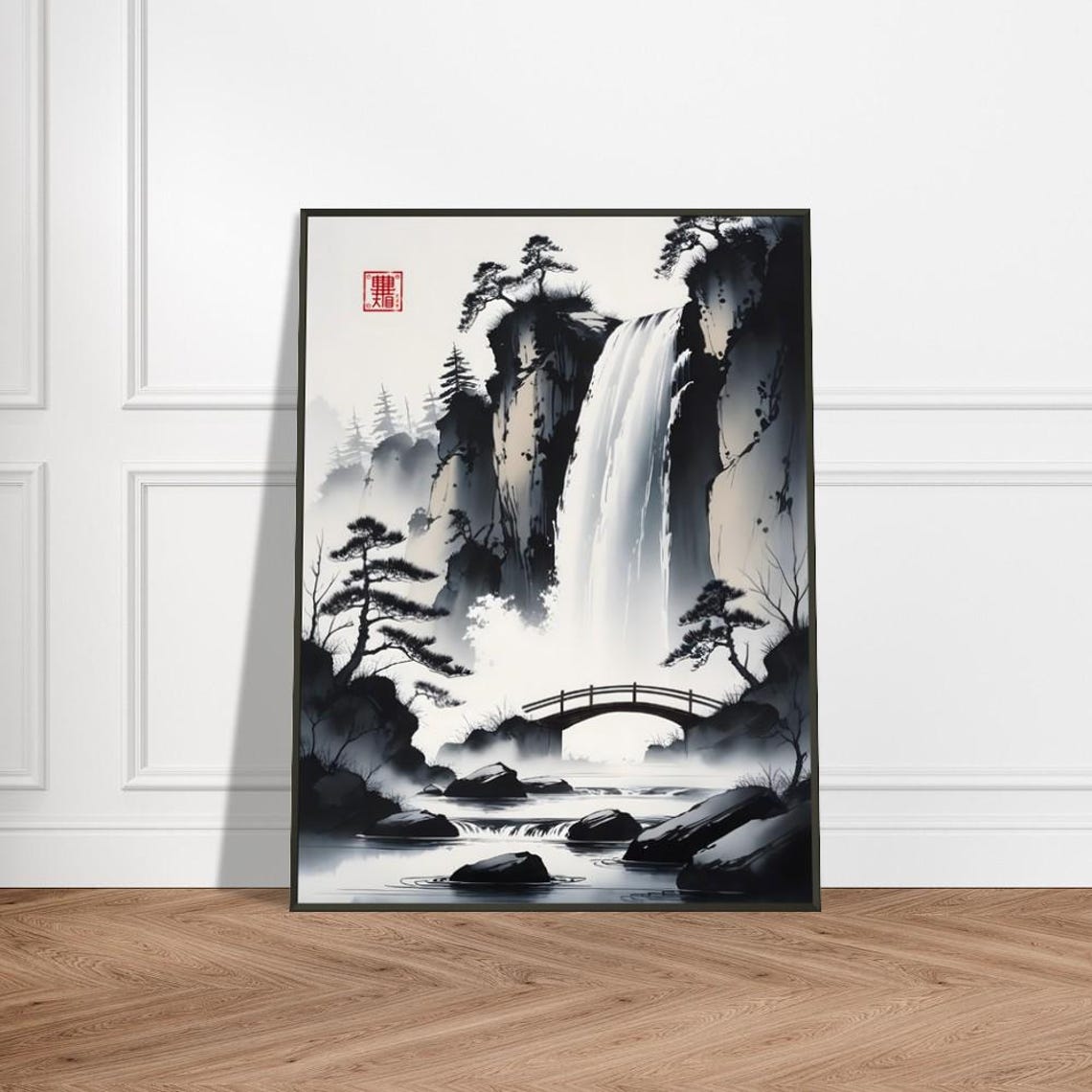 Serene Japanese Waterfall With Arched Stone Bridge Ink Poster