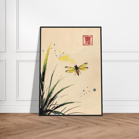 Japanese Bee Art Print Yellow Honeybee With Ink Wash Grass Traditional Asianinspired Minimalist Painting Zen Nature Wall Decor