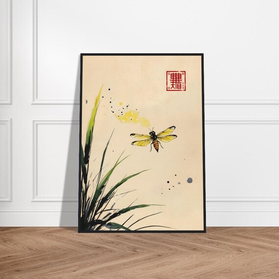 Yellow Bee Flying Over Ink Wash Grass Blades Minimalist Art Poster