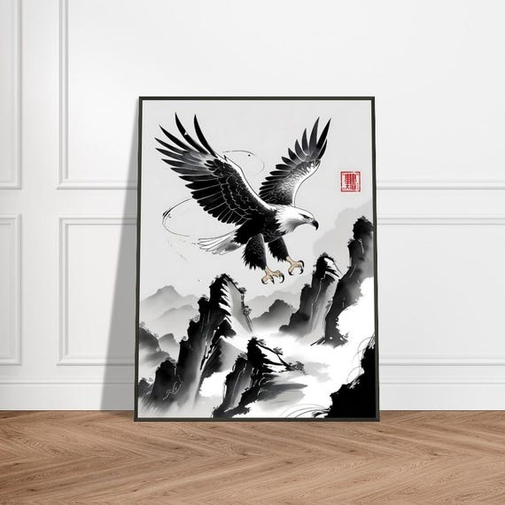 Eagle Wall Art Japanese Ink Wash Painting With Mountain Peaks Metal Frame Bold Wildlifeinspired Decor For Home Or Office