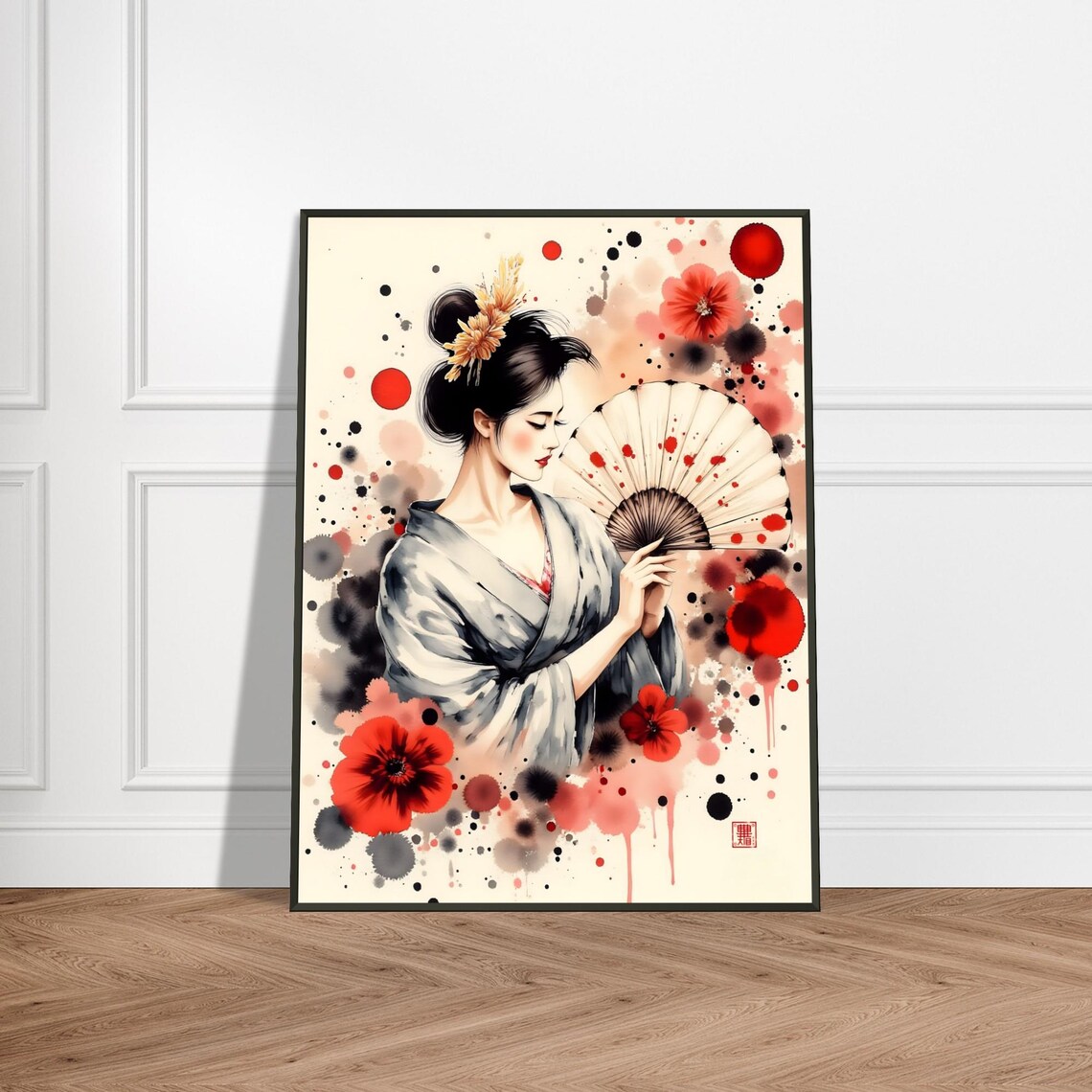 Japanese Geisha with Fan Red Floral Kimono Watercolor Art Poster