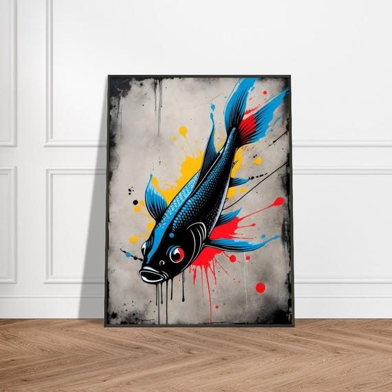 Vibrant Fish Art Print Japaneseinspired Ink Splash Design With Bold Blue Red And Yellow Accents Striking Aquatic Wall Decor