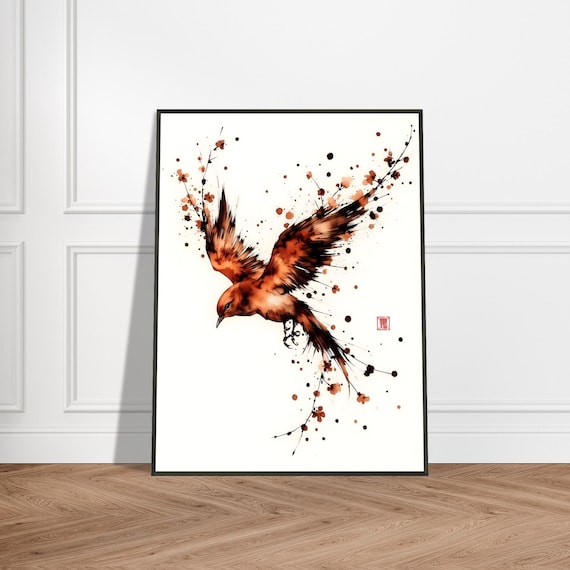 Fiery Phoenix Bird Sumi Ink Splash Poster in Orange and Black