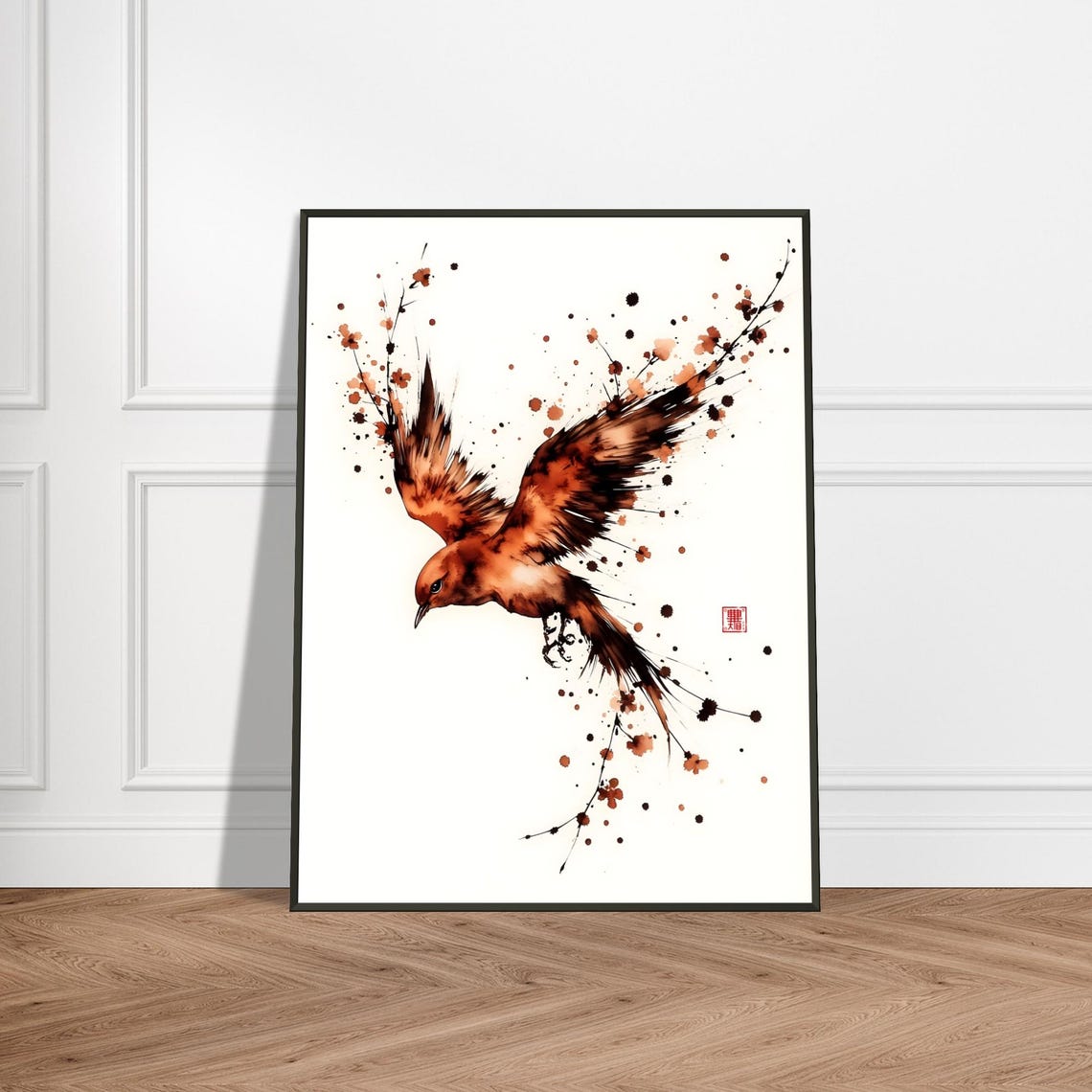 Japanese Soaring Bird Ink Painting Dynamic Watercolor Art Print Zen Nature Wall Decor Flying Sparrow Illustration