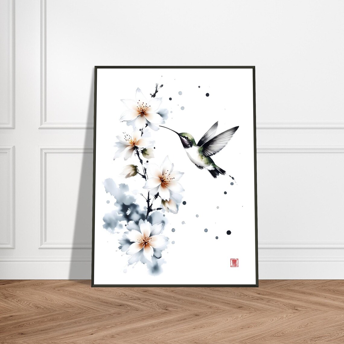 Hummingbird and White Blossoms Watercolor Ink Painting Poster Art