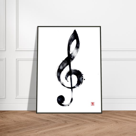 Treble Clef Ink Brush Print Japanese Sumie Music Symbol Art Minimalist Black And White Wall Decor Zen Calligraphy For Musicians