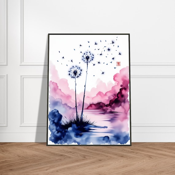 Dandelion Seeds Watercolor Poster in Pink and Indigo Dreamy Wash
