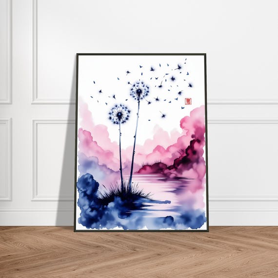 Dandelion Wishes Watercolor Art Japanese Ink Landscape Print Pink And Blue Zen Nature Wall Decor Tranquil Lake Scene