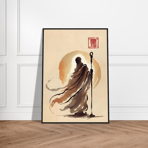 Zen Monk with Staff Ink Wash Japanese Art Poster Sun Halo Design