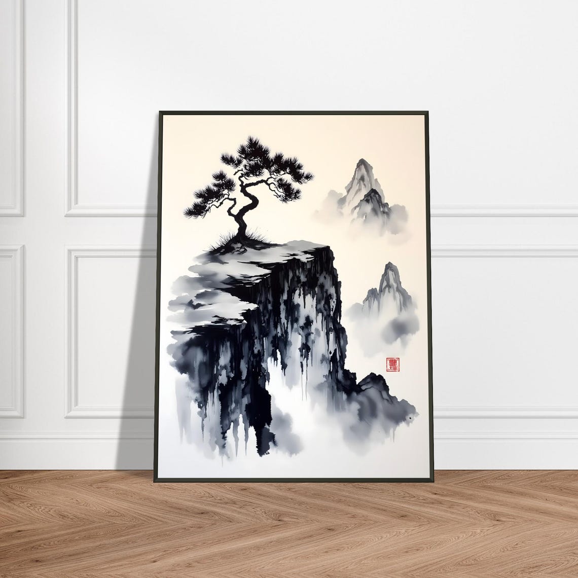 Lone Pine on Misty Cliff Edge Classic Ink Wash Painting Poster