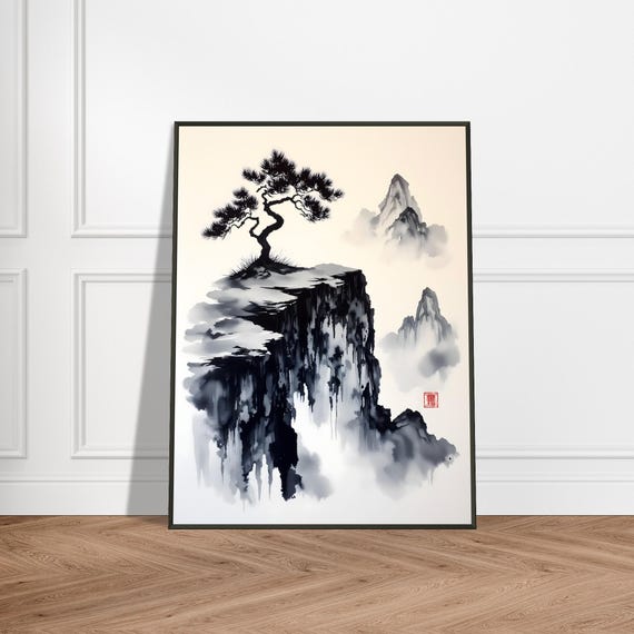 Lone Pine On Cliff Sumie Print Japanese Ink Landscape Art Zen Mountain Wall Decor Minimalist Nature Painting With Mist And Trees