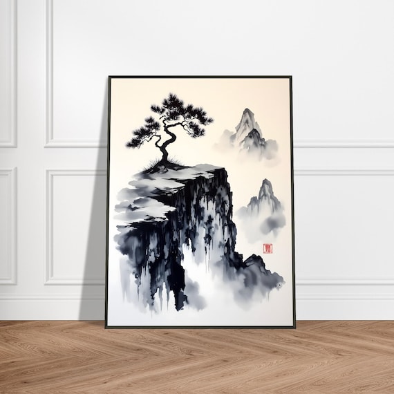 Lone Pine on Misty Cliff Edge Classic Ink Wash Painting Poster