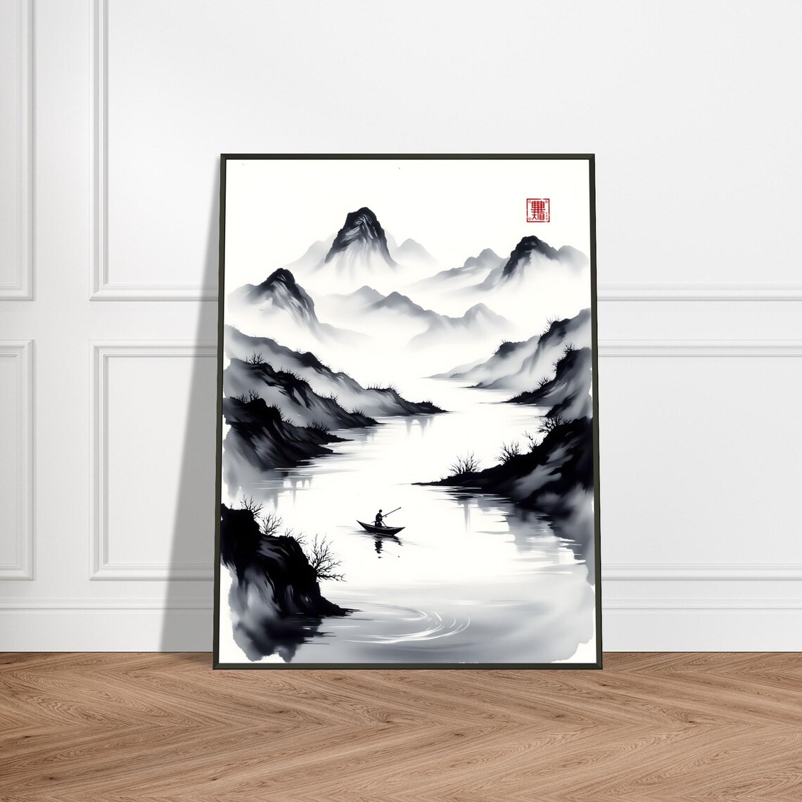 Tranquil Lone Fisherman Boat on Misty Mountain Lake Sumi E Poster