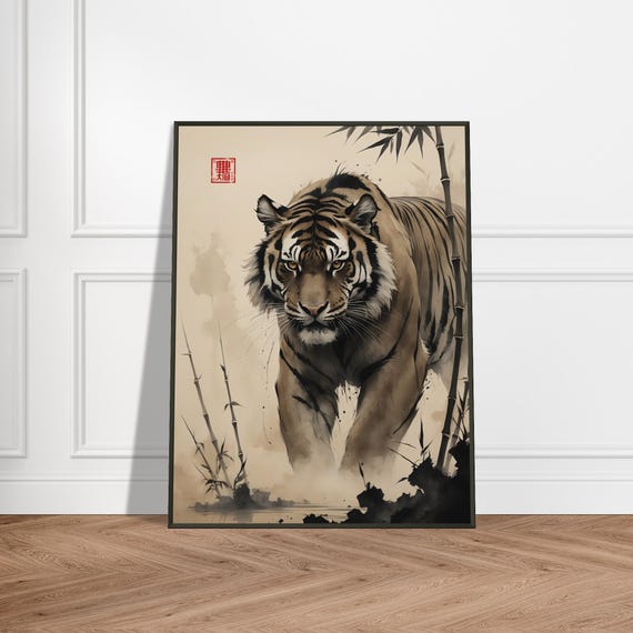 Japanese Sumie Tiger Art Print Metal Framed Wall Decor On Museumquality Paper Ink Wash Wildlife Painting