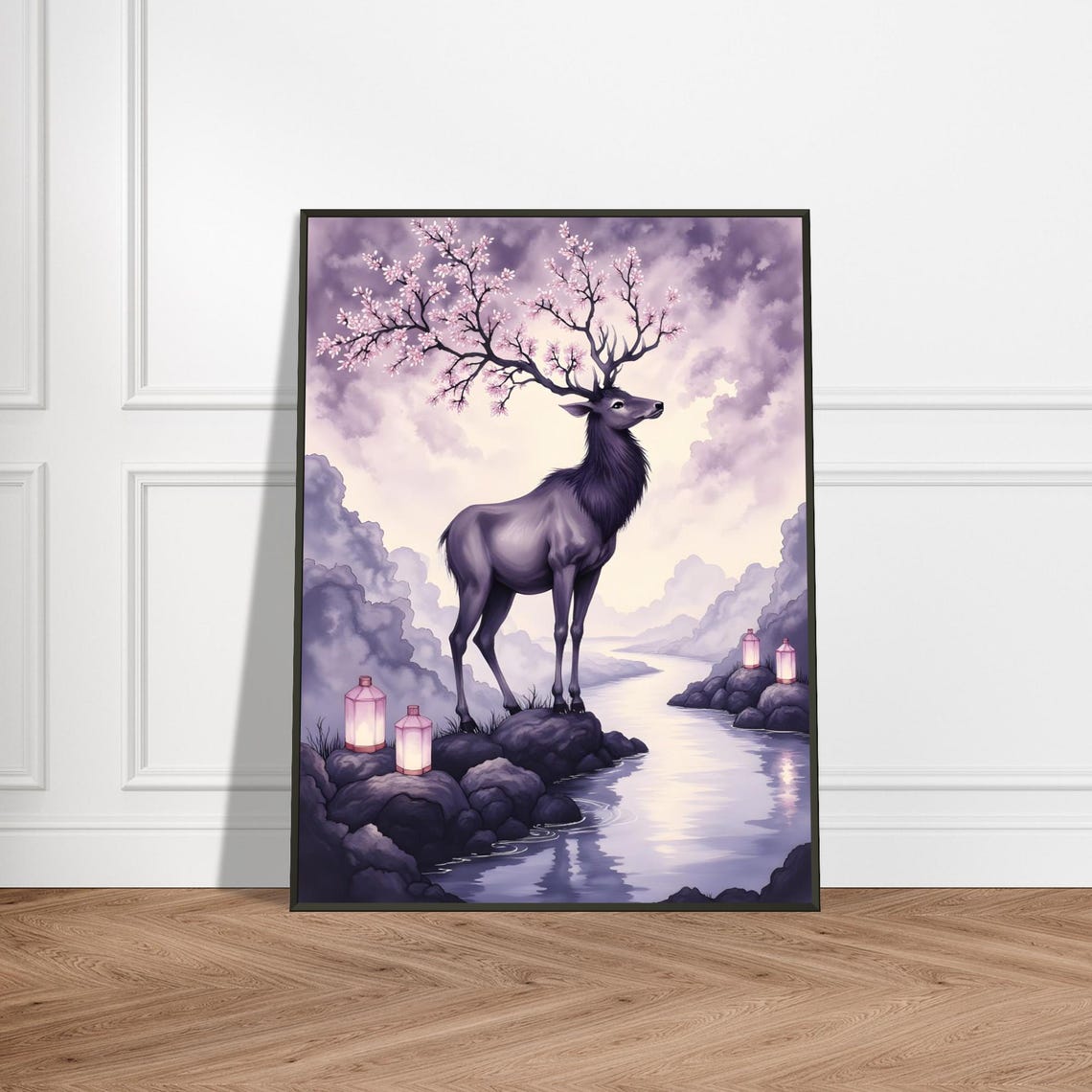 Titlemystical Deer With Cherry Blossom Antlers Metal Framed Japanese Fantasy Art Print Lantern River Scene Wall Decor