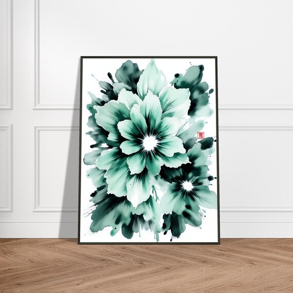 Big Emerald Green Ink Blossom Bold Watercolor Floral Poster Art