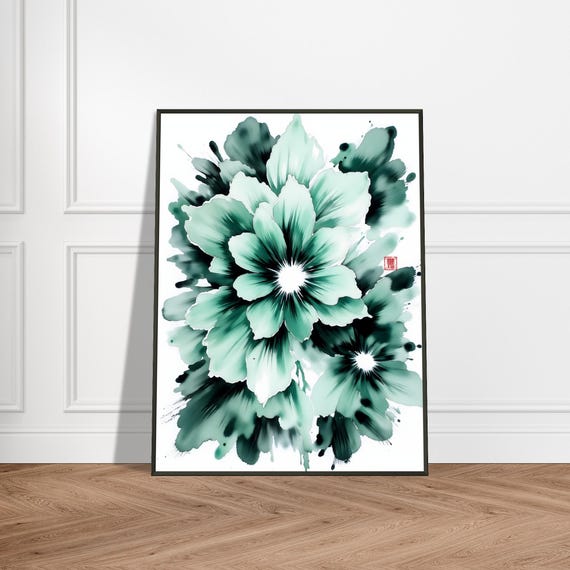 Green Floral Burst Wall Art Japanese Watercolor Flower Painting Modern Zen Ink Botanical Print Nature Explosion Decor